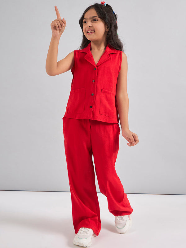 Girls Red Solid Rayon A-Line Top With Pants