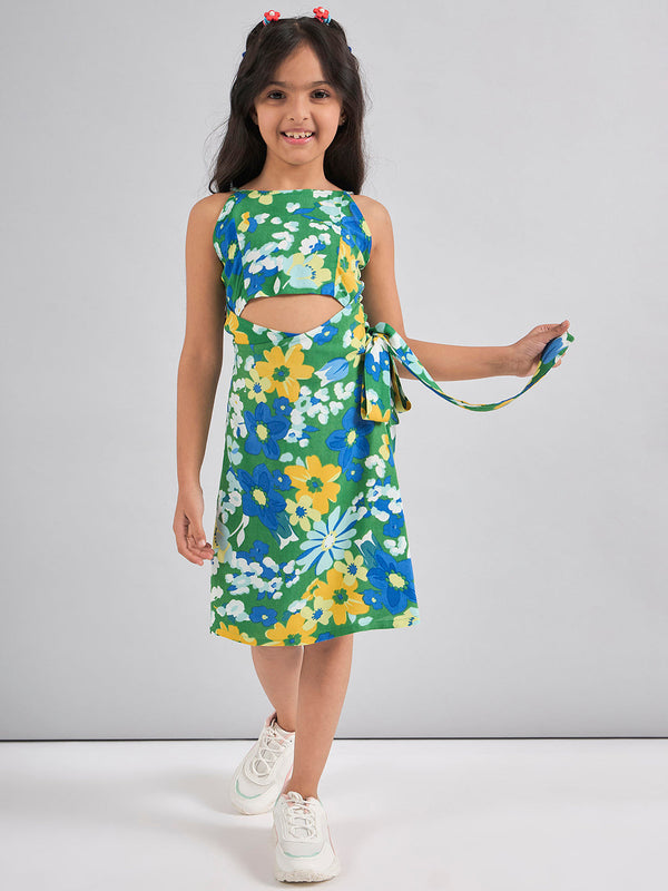 StyloBug Kids-Girls Knee Length Print Dress - Green