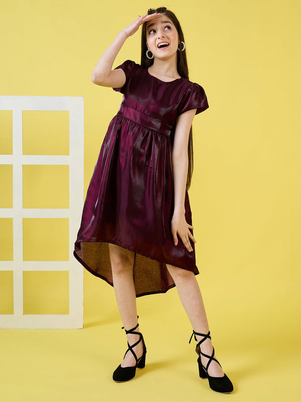 Girls Maroon Solid Polyester Fit and Flare Dress