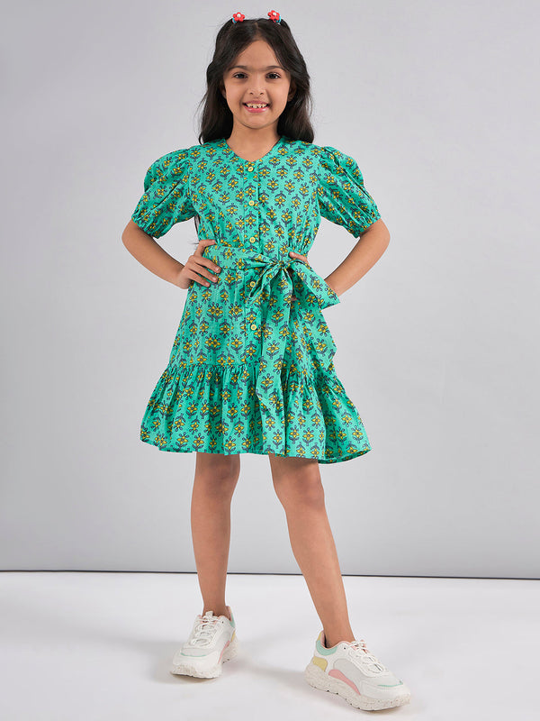 Girls Green Printed Cotton Fit and Flare Dress