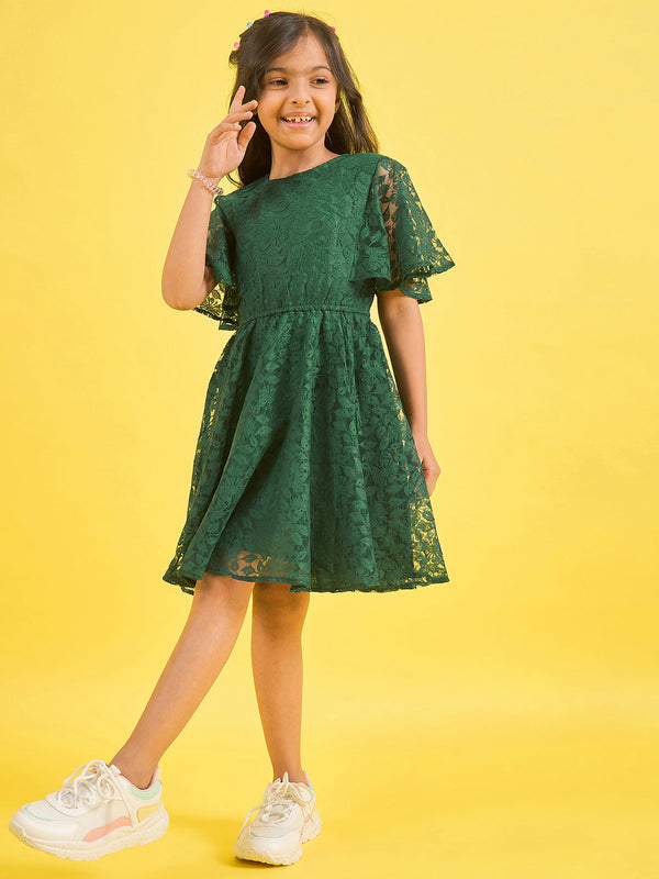 Girls Green Solid Polyester Fit and Flare Dress