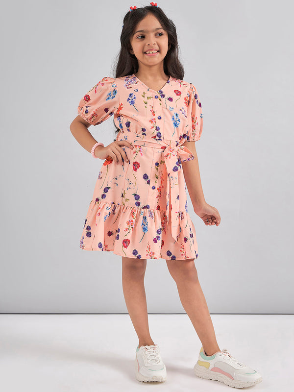 Girls Peach Printed Polyester Fit and Flare Dress