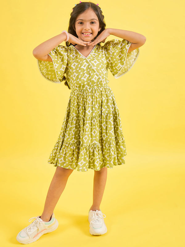 Girls Lime Green Printed Polyester Fit and Flare Dress