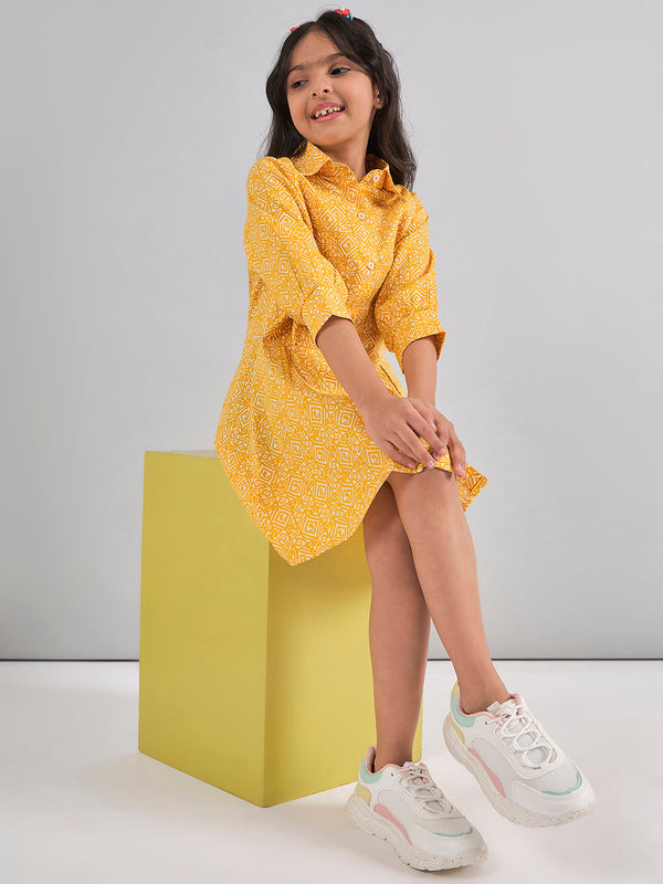 Girls Yellow Printed Polyester A-Line Dress