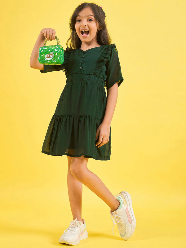 Girls Green Printed Polyester Fit and Flare Dress