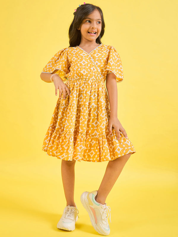 Girls Yellow Printed Polyester Fit and Flare Dress
