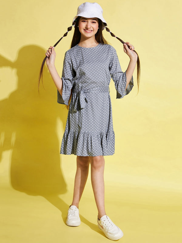 Girls Grey Cotton Fit and Flare Dress