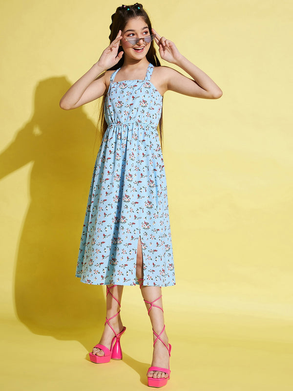 Girls Blue Printed Polyester Fit and Flare Dress