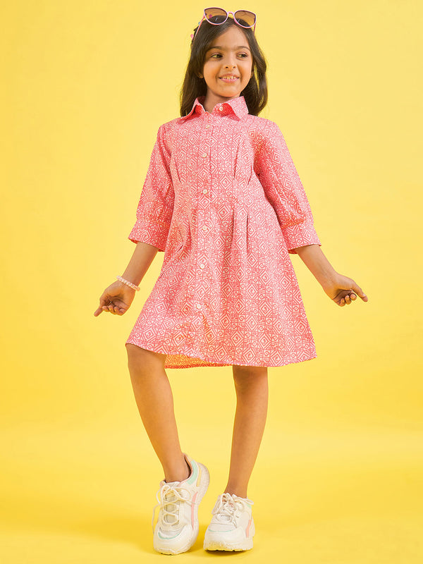 Girls Pink Printed Polyester A-Line Dress