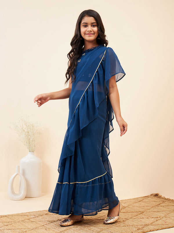 StyloBug Girls Full Length Solid Top with Saree - Blue