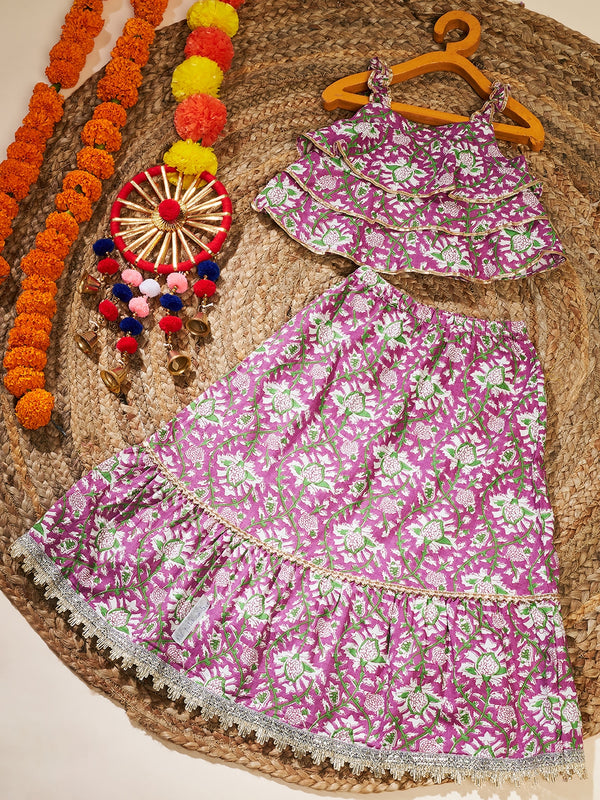 Girls Purple Printed Cotton Fit and Flare Lahnga Choli