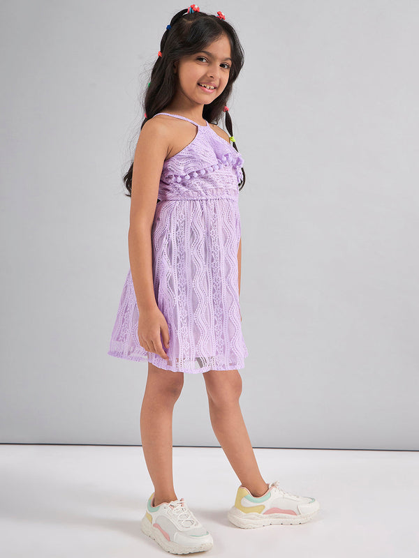 Girls Purple Printed Polyester A-Line Dress