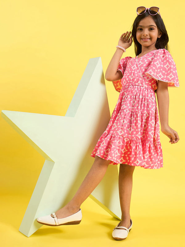 Girls Pink Printed Polyester Fit and Flare Dress