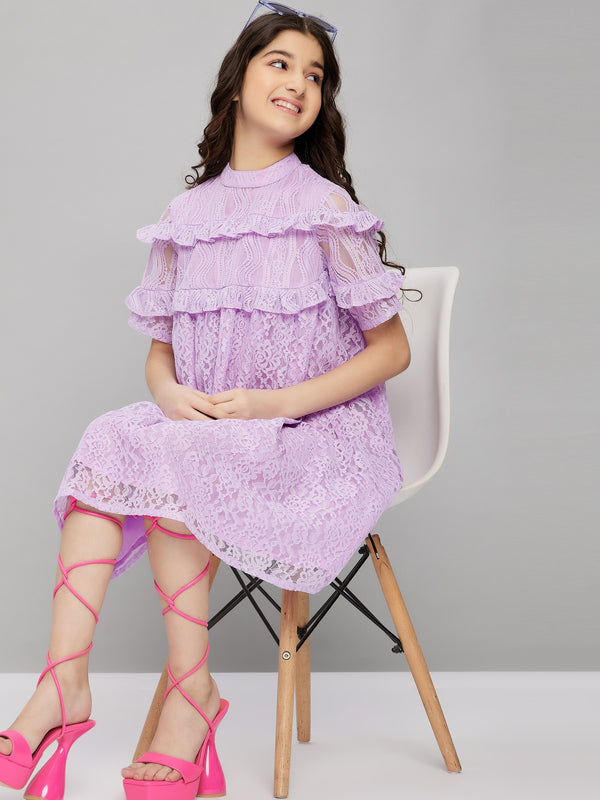 Girls Purple Solid Lace A-Line Dress