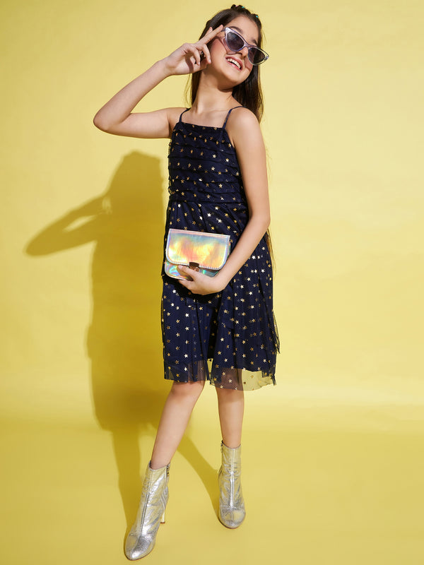 Girls Navy Blue Printed Silk Fit and Flare Dress