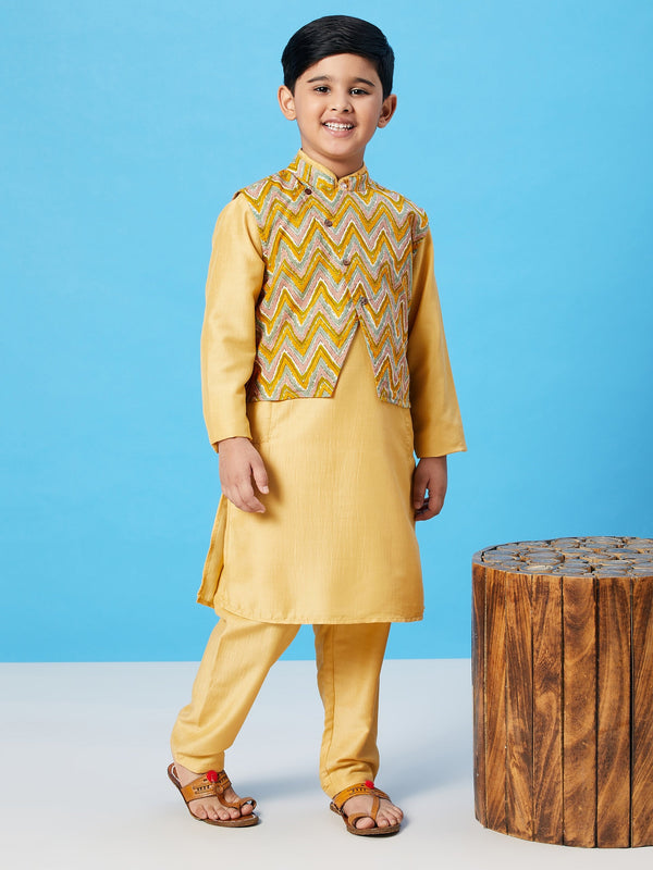 Boy's Printed Kurta set with Jacket - Yellow StyloBug