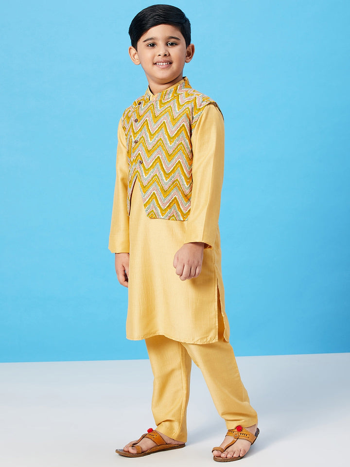 Boy's Printed Kurta set with Jacket - Yellow StyloBug