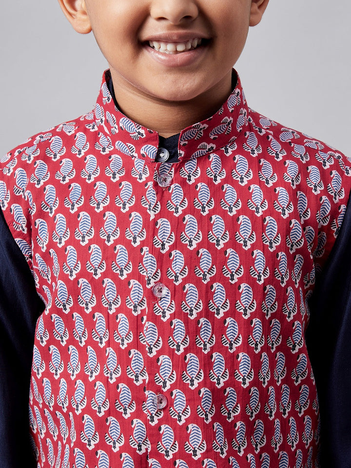 Boy's Red Printed Kurta set with Jacket StyloBug