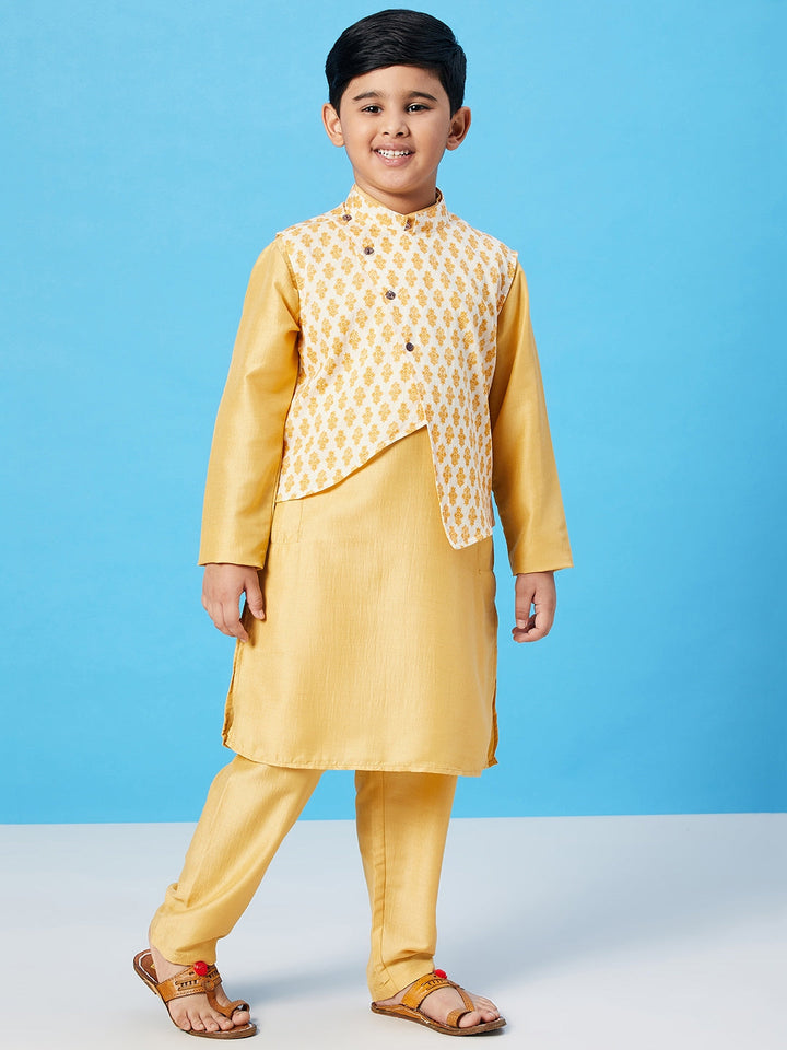 Boy's Yellow Printed Kurta set with Jacket StyloBug