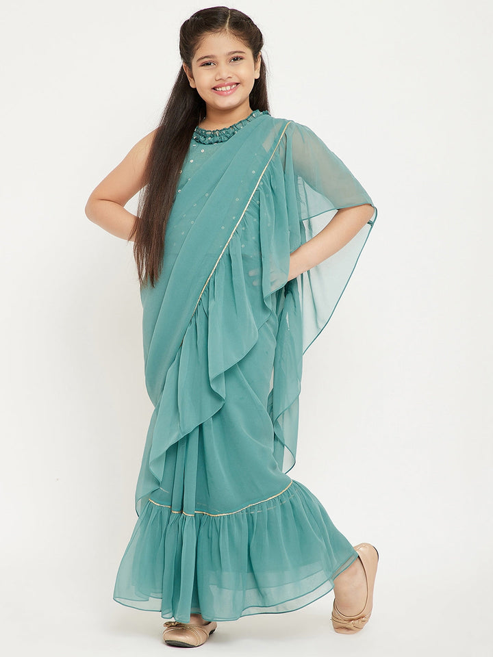 Girl's Blue Solid Layered Top with Saree StyloBug