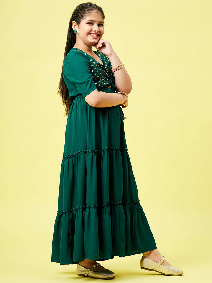 Girl's Green Printed Layered Dress StyloBug