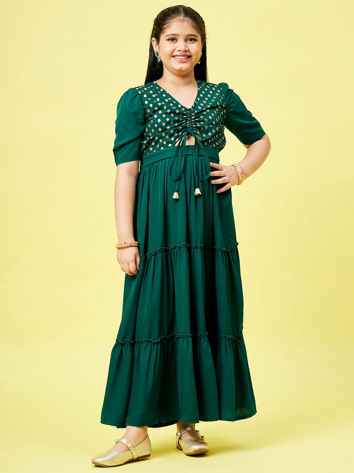 Girl's Green Printed Layered Dress StyloBug