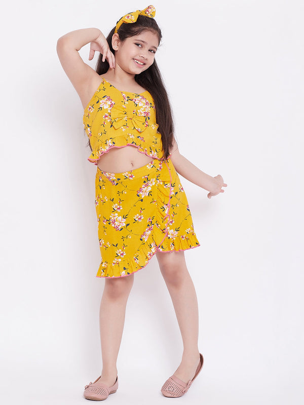 Girl's Printed Top with Skirt - Mustard Yellow StyloBug