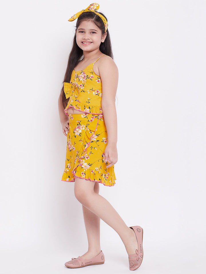 Girl's Printed Top with Skirt - Mustard Yellow StyloBug