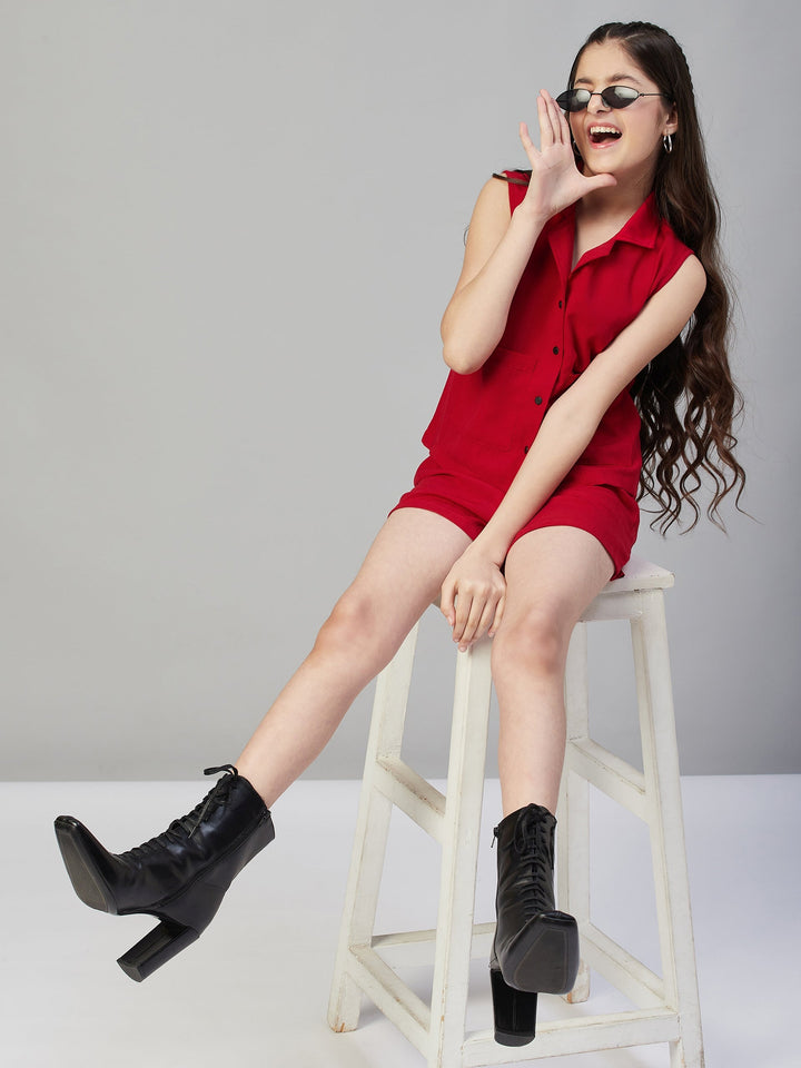 Girl's Solid Top with Shorts - Red StyloBug