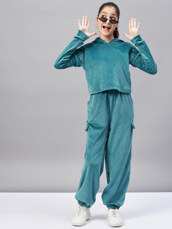 Girl's Solid Top with Track Pant - Blue StyloBug
