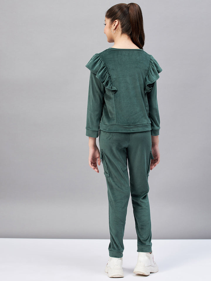 Girl's Solid Top with Track Pant - Green StyloBug