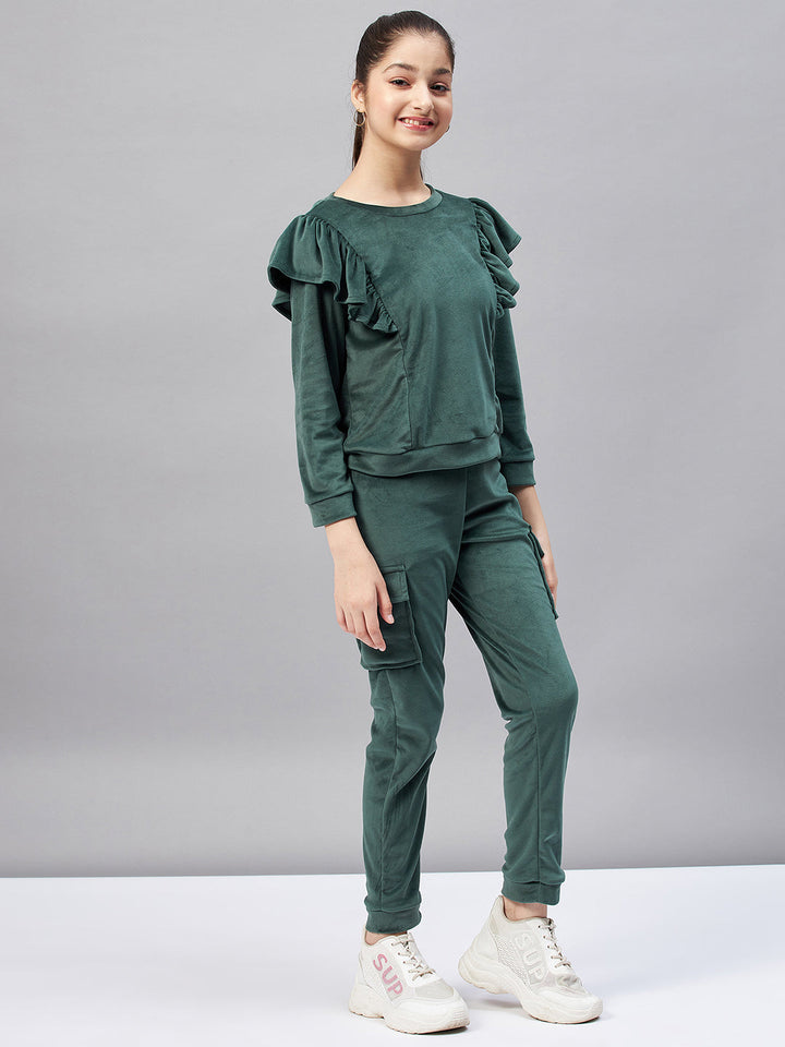 Girl's Solid Top with Track Pant - Green StyloBug