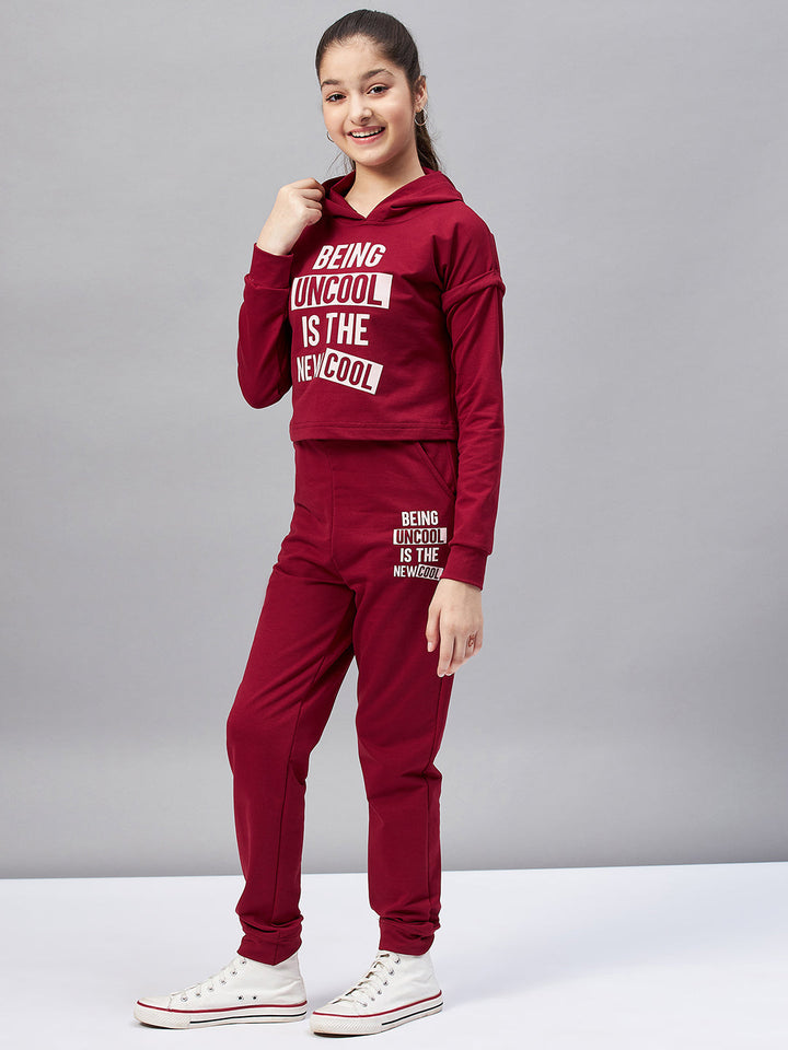 Girl's Solid Top with Track Pant - Maroon StyloBug