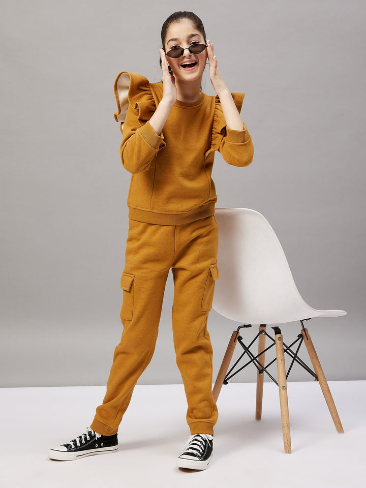 Girl's Solid Top with Track Pant - Mustard Yellow StyloBug