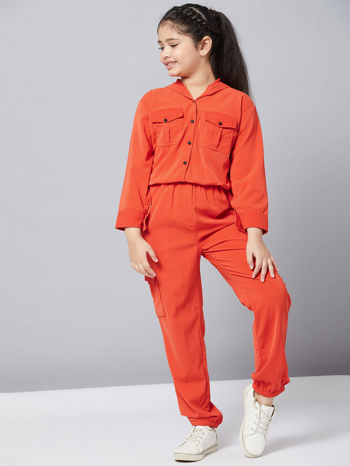 Girl's Solid Top with Track Pant - Orange StyloBug