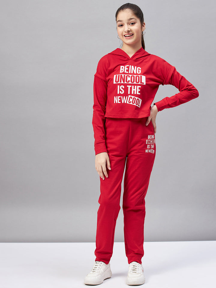 Girl's Solid Top with Track Pant - Red StyloBug