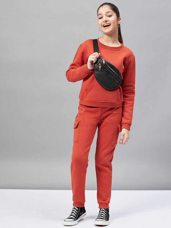 Girl's Solid Top with Track Pant - Rust StyloBug