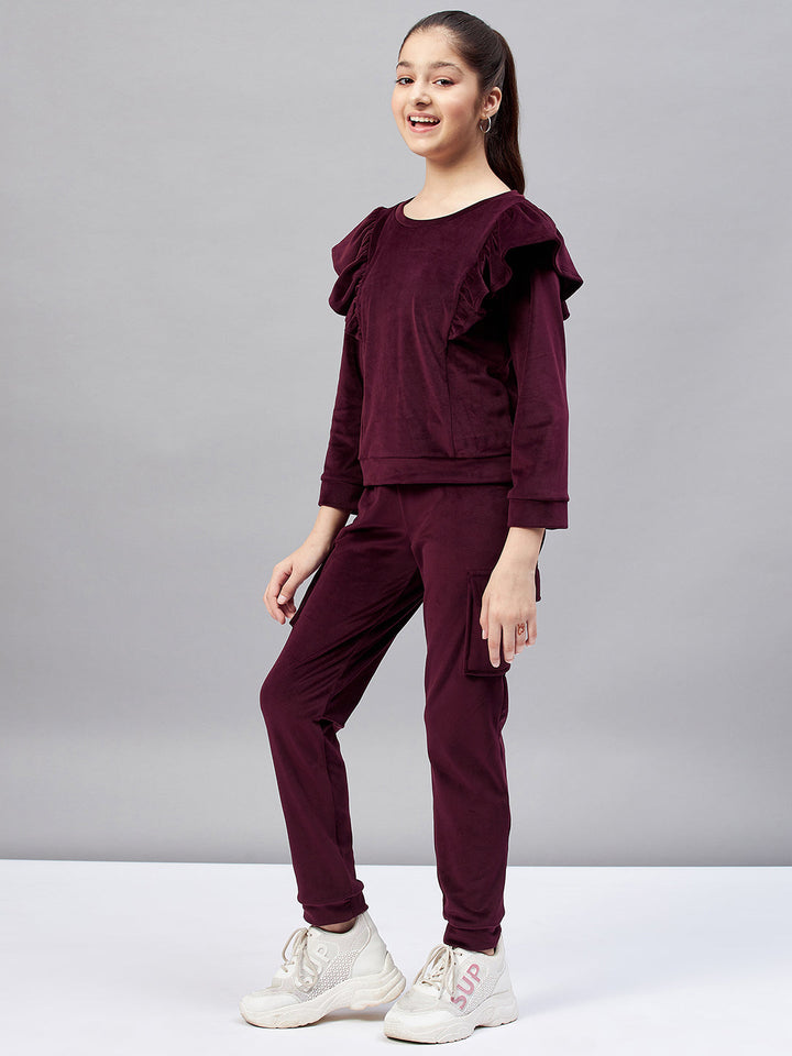 Girl's Solid Top with Track Pant - Wine StyloBug