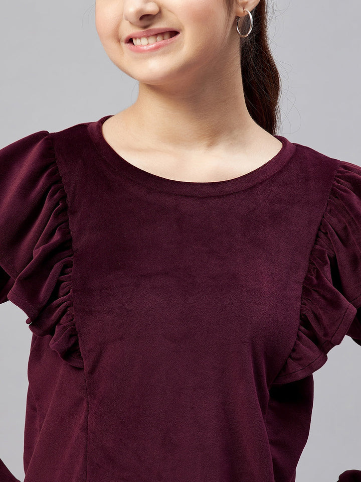 Girl's Solid Top with Track Pant - Wine StyloBug