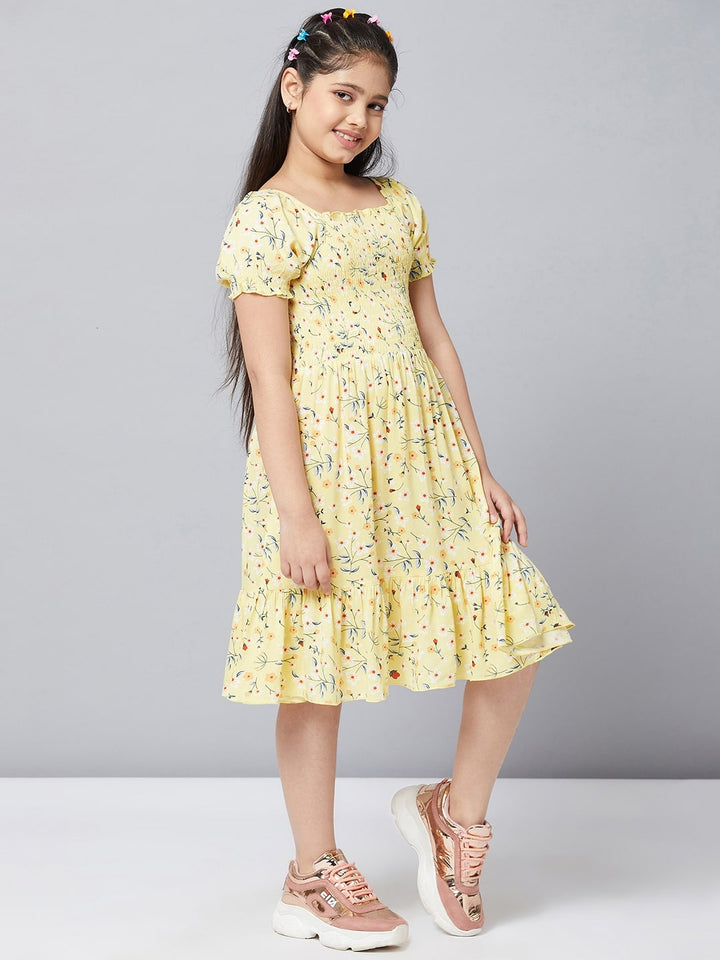 Girl's Yellow Printed A Line Dress StyloBug