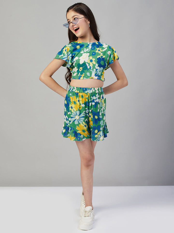 Girls Printed Top with Shorts - Green StyloBug