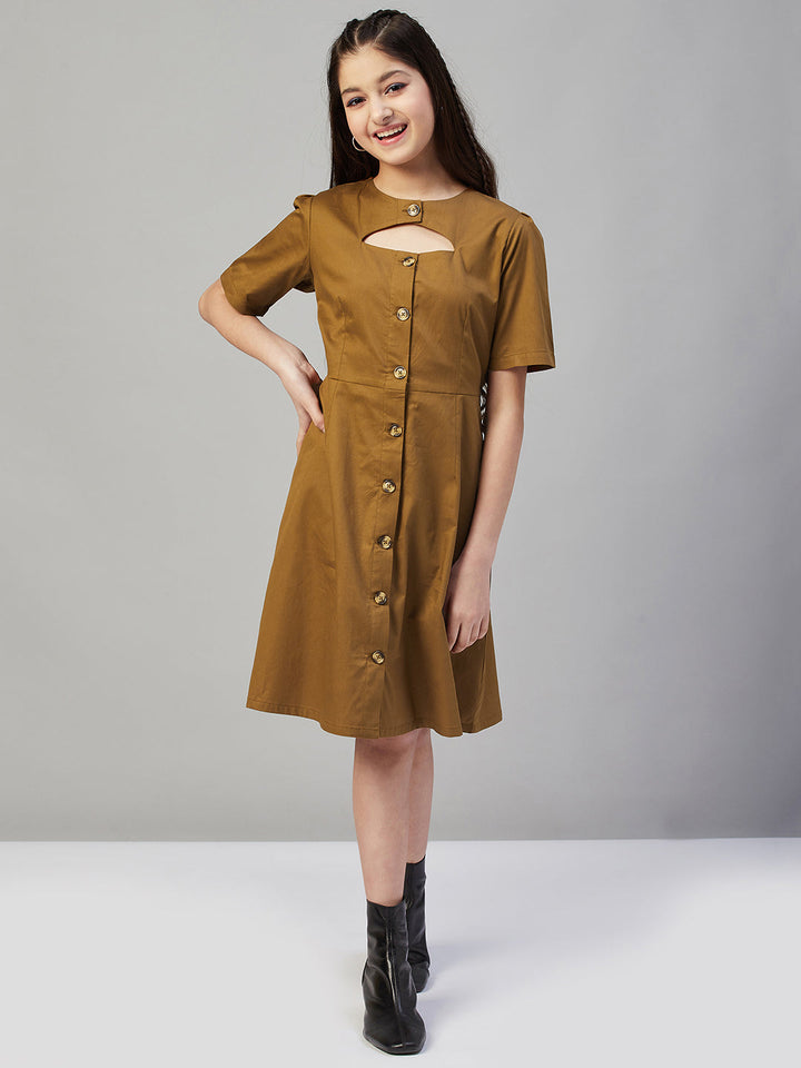Girls Solid Dress - Brown StyloBug