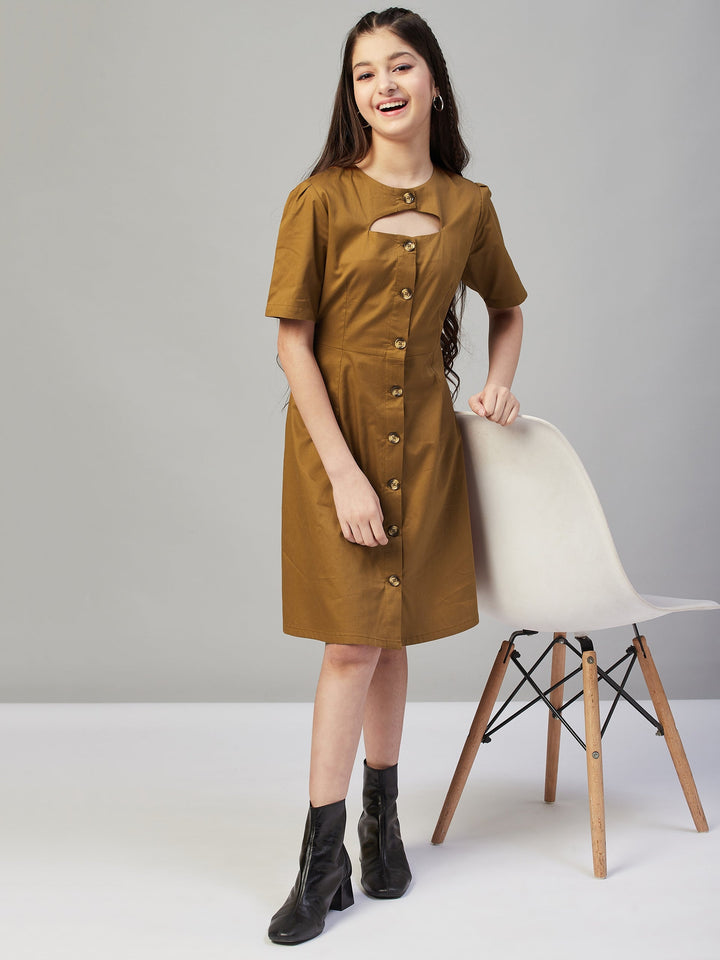 Girls Solid Dress - Brown StyloBug
