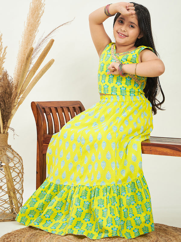 Girls Green Printed Polyester Fit and Flare Lahnga Choli