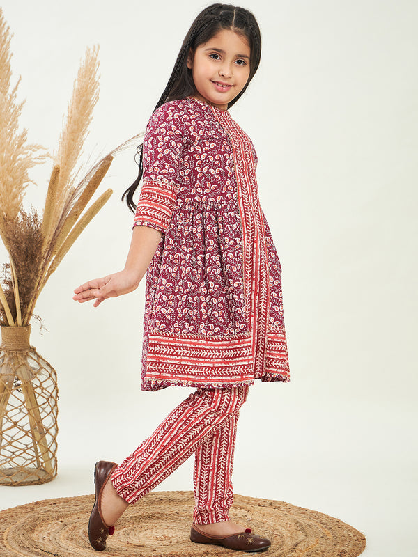 Girls Maroon Printed Cotton Fit and Flare Kurti Set