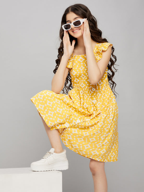 Girls Yellow Rayon A-Line Dress
